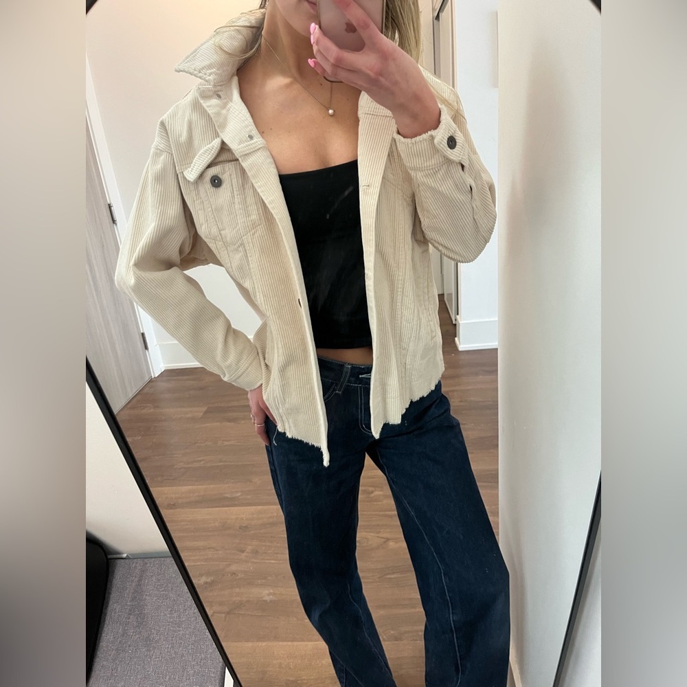 Zara Cream Corduroy Shacket Raw Hem Button Up Jacket